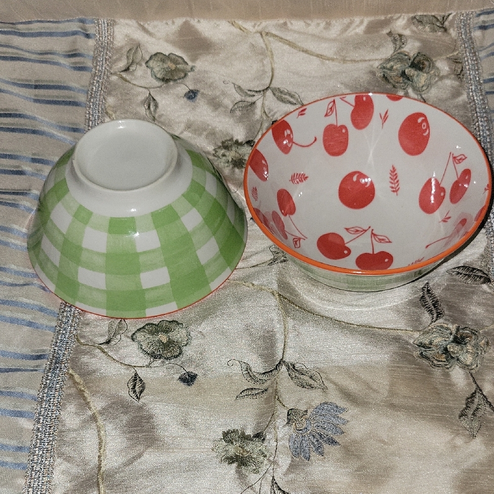 Green Checkered and Red Cherry Bowls Cereal